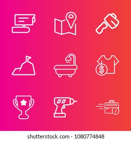 Premium set with outline vector icons. Such as travel, late, nature, first, map, equipment, work, award, screwdriver, blue, hammer, modern, video, pin, location, white, tool, construction, sitting, tv