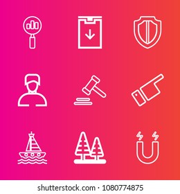 Premium set with outline vector icons. Such as man, magnifying, find, secure, nature, sign, website, law, field, male, pointing, landscape, yacht, security, button, environment, boy, protect, boat