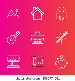 Premium set with outline vector icons. Such as investment, sale, basket, coin, communication, halloween, night, ghost, fear, technology, finance, concert, white, dark, element, musical, evil, business