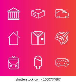 Premium set with outline vector icons. Such as fashion, cream, musical, transport, drawer, europe, cabinet, shirt, transportation, van, object, island, ice, sweet, house, tshirt, direction, bag, greek