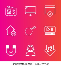 Premium set with outline vector icons. Such as nuclear, monitor, button, magnetic, face, war, laptop, science, wireless, communication, download, wave, antenna, page, interface, technology, estate, pc