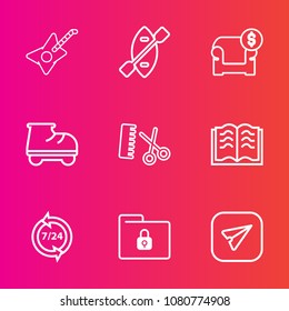 Premium set with outline vector icons. Such as hair, education, fashion, paddle, canoe, support, safety, sofa, paper, boat, message, salon, white, literature, roller, sound, web, operator, call, oar