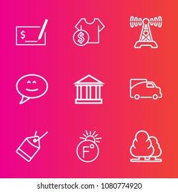 Premium set with outline vector icons. Such as pay, cost, banking, hand, store, check, communication, technology, vehicle, environment, tourism, paper, greek, radio, tree, traffic, van, europe, bubble