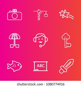 Premium set with outline vector icons. Such as call, hammer, background, holiday, seafood, key, sea, fish, medieval, construction, parasol, drill, headset, umbrella, photography, white, vintage, saw