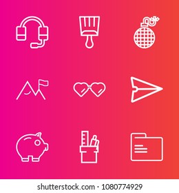 Premium set with outline vector icons. Such as headset, shape, web, folder, call, white, communication, office, audio, grunge, internet, equipment, message, file, sunglasses, bank, center, flame, cash