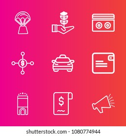 Premium set with outline vector icons. Such as sky, taxi, basket, hotel, sale, old, retro, balloon, finance, stereo, music, purse, tape, loudspeaker, gardening, garden, speaker, agriculture, money