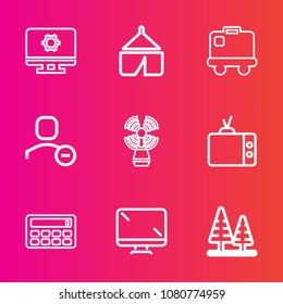 Premium set with outline vector icons. Such as terminal, tent, delete, display, suitcase, luggage, airport, environment, tourism, pictogram, sea, transportation, web, adventure, television, summer, tv