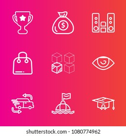 Premium set with outline vector icons. Such as car, sea, music, package, house, financial, fashion, finance, delivery, body, buoy, fast, college, win, education, safety, audio, buy, place, sound, sale