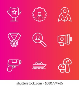 Premium set with outline vector icons. Such as edible, win, web, loudspeaker, success, victory, yacht, business, website, prize, sign, map, announcement, navigation, concept, account, search, white