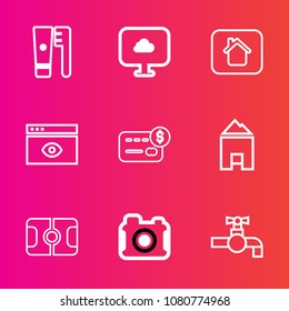 Premium set with outline vector icons. Such as bank, faucet, camera, stadium, dental, web, photo, architecture, money, home, internet, hygiene, pitch, balance, credit, sign, water, estate, photography