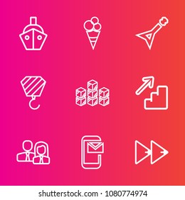 Premium set with outline vector icons. Such as distribution, musical, strawberry, white, audio, cargo, container, construction, team, chocolate, email, vessel, ice, building, button, mail, upstairs