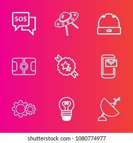 Premium set with outline vector icons. Such as cap, vehicle, hat, decorative, science, phone, email, satellite, dish, safety, sport, space, alien, flying, antenna, help, stadium, ribbon, communication