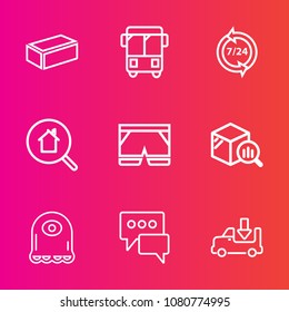 Premium set with outline vector icons. Such as statistic, report, monster, search, material, real, brick, road, construction, wear, online, white, bus, urban, fashion, speech, lorry, shipping, alien