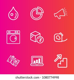 Premium set with outline vector icons. Such as tape, sound, weight, droplet, presentation, nature, blue, voice, diagram, friction, water, abstract, liquid, wet, machine, road, loud, location, laptop