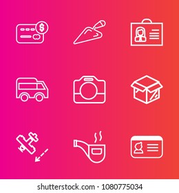 Premium set with outline vector icons. Such as purchase, card, female, camera, airplane, cash, box, tobacco, vintage, money, package, left, retro, name, classic, unpacking, identification, finance, id