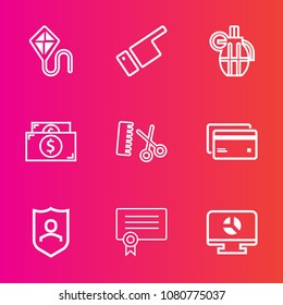 Premium set with outline vector icons. Such as leisure, diploma, grenade, cash, fashion, banking, male, kid, war, protect, fun, salon, infographic, success, hair, plastic, summer, card, fly, direction