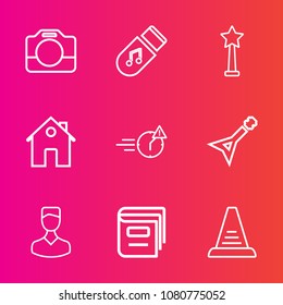 Premium set with outline vector icons. Such as business, library, guitar, video, night, house, education, prize, profile, camcorder, property, professional, white, movie, film, estate, human, music