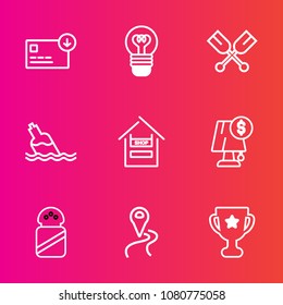 Premium set with outline vector icons. Such as drink, lightbulb, interior, salt, shine, paddle, supermarket, white, water, bottle, store, oar, road, sack, hand, rowing, spice, wealth, winner, liquid