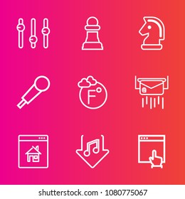 Premium set with outline vector icons. Such as real, concert, piece, website, music, speech, download, success, property, internet, click, letter, studio, scale, chess, game, estate, post, mail, voice