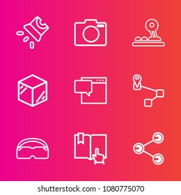 Premium set with outline vector icons. Such as camera, sign, point, equipment, message, book, projector, film, location, lens, seminar, computer, open, chat, cardboard, package, web, object, box, map
