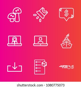 Premium set with outline vector icons. Such as hobby, square, box, cinema, label, frame, movie, price, internet, screen, food, edible, download, hit, vegetable, cargo, delivery, strike, mushroom, web