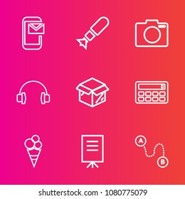 Premium set with outline vector icons. Such as unpacking, destination, cardboard, camera, audio, message, contact, food, presentation, communication, people, position, white, button, photo, bomb, new