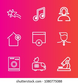 Premium set with outline vector icons. Such as sign, music, laboratory, housework, van, sound, success, holiday, gold, competition, biology, clef, microscope, apartment, sparkle, face, washer, lady