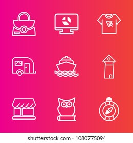 Premium set with outline vector icons. Such as compass, ocean, owl, travel, tshirt, van, transportation, europe, white, shop, chart, direction, animal, graph, architecture, fashion, object, shirt, bag