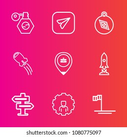 Premium set with outline vector icons. Such as email, phone, travel, space, smartphone, account, compass, mexico, rocket, doorknob, spaceship, mobile, web, north, send, south, job, location, door