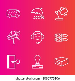 Premium set with outline vector icons. Such as bus, spaceship, highway, home, wild, escape, ocean, weapon, bullet, traffic, dolphin, office, door, exit, car, business, horizontal, drawer, paper, stamp