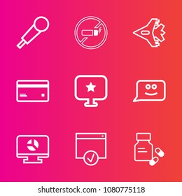 Premium set with outline vector icons. Such as medicine, jetliner, tobacco, studio, health, habit, star, mic, template, speech, warning, chart, sound, cigarette, travel, stop, card, forbidden, plane
