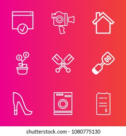 Premium set with outline vector icons. Such as business, high, tool, professional, utensil, fashion, style, female, kitchen, approve, paddle, technology, camera, washer, mobile, film, equipment, home