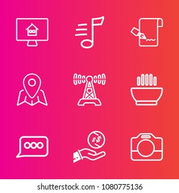 Premium set with outline vector icons. Such as dollar, communication, equipment, soup, music, speech, location, food, melody, message, sign, paper, video, dinner, film, real, dish, pen, money, map