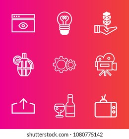 Premium set with outline vector icons. Such as window, video, nature, page, browser, bright, shine, weapon, bulb, tripod, retro, internet, hand, glass, light, web, growth, computer, war, concept, tree