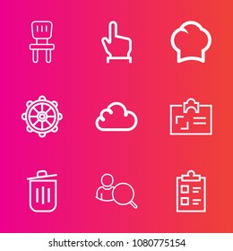 Premium set with outline vector icons. Such as button, ship, chief, wheel, cloud, interior, business, touch, computer, armchair, home, hand, room, id, list, online, garbage, white, mark, furniture
