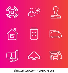 Premium set with outline vector icons. Such as sea, envelope, drone, truck, house, propeller, tipper, jump, van, dump, parachuting, metal, container, transportation, camera, can, account, summer, home