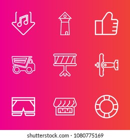 Premium set with outline vector icons. Such as concept, dumper, water, fashion, summer, instrument, curtain, search, ring, famous, music, drum, web, shop, truck, tipper, tower, aircraft, download, war