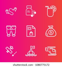 Premium set with outline vector icons. Such as navigation, sea, map, water, place, medicine, position, travel, business, transportation, cocktail, view, vision, antibiotic, supermarket, air, drink
