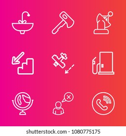 Premium set with outline vector icons. Such as technology, globe, up, petrol, space, tool, online, circle, clean, call, airplane, hygiene, gas, sink, oil, internet, phone, tap, axe, plane, cancel, web