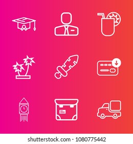 Premium set with outline vector icons. Such as white, finance, nature, person, celebration, tower, tropical, lorry, man, education, glass, job, school, weapon, student, truck, academic, professional