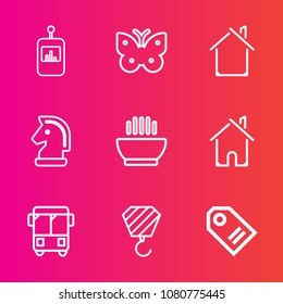 Premium set with outline vector icons. Such as soup, business, hot, horse, architecture, channel, equipment, transportation, home, wing, game, collection, dish, strategy, button, price, remote, nature