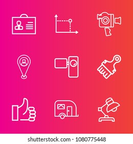 Premium set with outline vector icons. Such as element, video, circle, girl, pin, tripod, success, social, professional, transportation, male, human, transport, equipment, hand, camera, good, vehicle