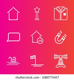 Premium set with outline vector icons. Such as award, tshirt, technology, shirt, fashion, winner, clothing, science, swimming, template, prize, trophy, summer, star, property, water, architecture