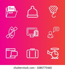 Premium set with outline vector icons. Such as fashion, transportation, open, canoe, transport, industry, cap, payment, folder, chat, water, airport, white, card, shopping, travel, baggage, helicopter