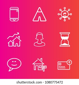 Premium set with outline vector icons. Such as cutout, display, cell, nature, mobile, outdoor, tent, screen, speech, hourglass, summer, message, camp, landscape, currency, profile, clock, finance