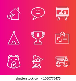 Premium set with outline vector icons. Such as business, key, bbq, chat, wild, grizzly, tent, template, agent, grill, estate, infographic, card, place, house, identity, dumper, personal, camp, speech
