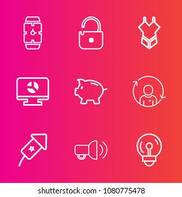Premium set with outline vector icons. Such as unlock, template, event, person, modern, clock, chart, bulb, background, web, communication, refresh, minute, money, coin, white, celebration, quality