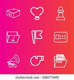Premium set with outline vector icons. Such as object, america, box, safe, office, file, competition, love, referee, gramophone, sign, trash, music, safety, cabinet, heart, chess, security, success