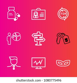 Premium set with outline vector icons. Such as medical, vitamin, businessman, profile, key, gold, female, operator, celebration, house, security, masquerade, success, door, people, diagnostic, help