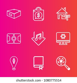 Premium set with outline vector icons. Such as tag, pin, sale, label, music, sign, bag, soccer, book, encyclopedia, study, property, stadium, map, sound, real, football, estate, magnifying, sport